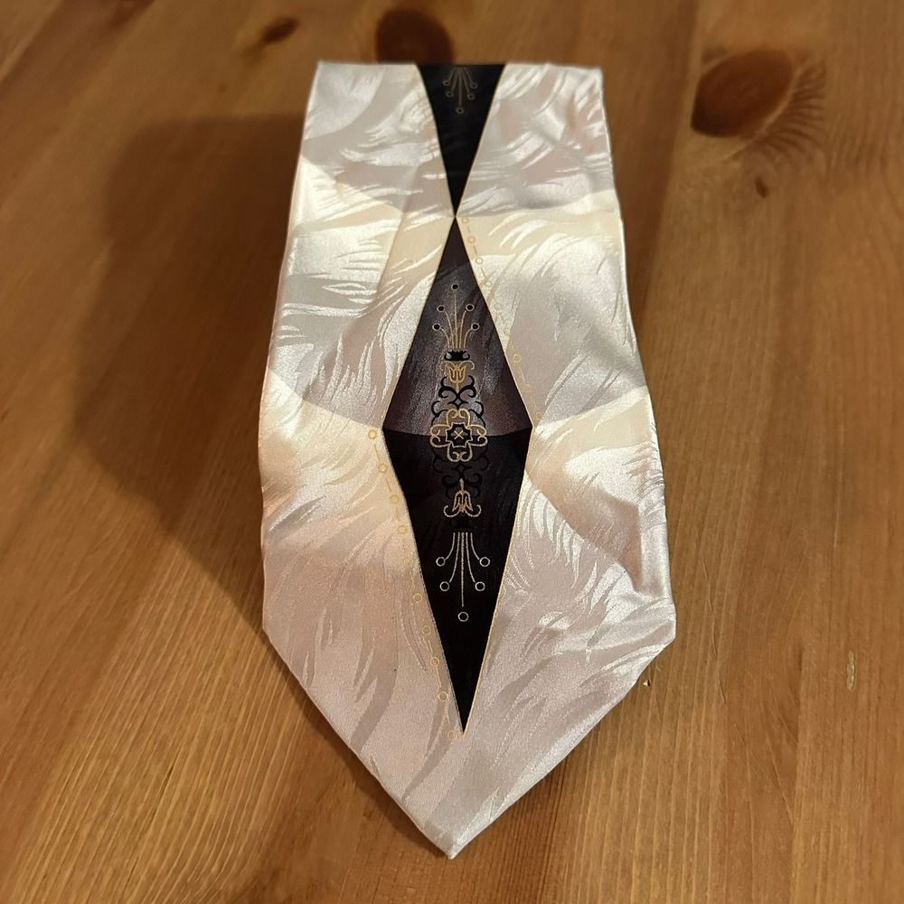 Ottimo Uomo Mens Silk Tie Champagne Cream Black Diamond Filigree Jacquard